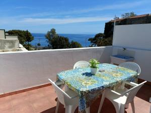 利帕里A Casicedda的海景阳台上的桌椅