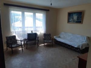 雅西Vila Codrin的一间卧室配有一张床、两把椅子和一台电视
