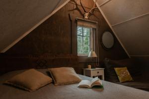 KulionysPirtelė dviem的一间卧室配有一张带书本的床和窗户