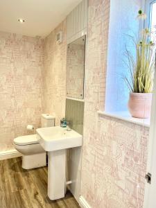 BedlingtonInviting townhouse in Bedlington的一间带水槽、卫生间和镜子的浴室