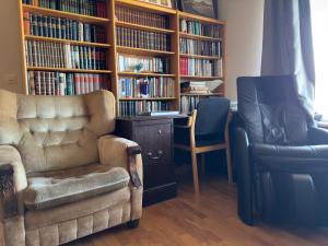斯塔奥尔Fagrabrekka Private Room的客厅配有沙发和带书籍的书架
