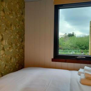 特拉利DANÚ Shepherd's Hut的一间卧室配有床和带毛巾的窗户。