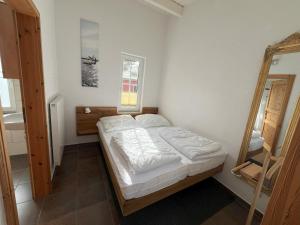 StahlbrodeKüstenferienhaus的一间小卧室,配有一张床和镜子