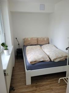 伊钦Nový apartman Eva的白色墙壁间的一张床位