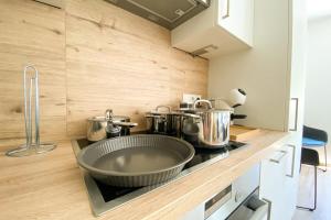 博福特310 Lux Furnished flat的厨房配有带盆和锅的盥洗池