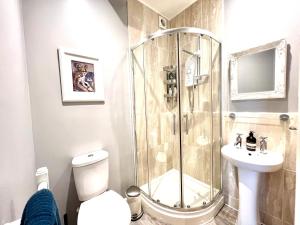 萨彻姆Colthrop Manor with Gardens的带淋浴、卫生间和盥洗盆的浴室