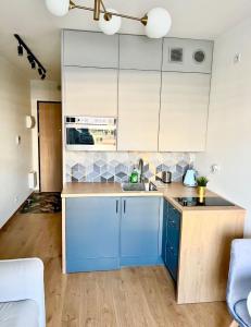 华沙L11 Warsaw Apartments的厨房配有蓝色橱柜和水槽