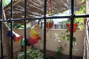 瓜伊马延Alojamiento + Casa de Arte en Mendoza(ARG)的花园里的秋千,有两桶挂水桶