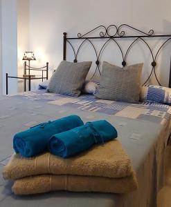 拉梅特拉·德·玛尔Atico dúplex en Ametlla de Mar的一张大床,上面有蓝色枕头