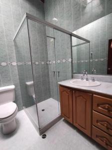 麦德林Casa Nogal 76的带淋浴、卫生间和盥洗盆的浴室