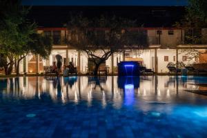 锡吉里亚Lario Resort Sigiriya的夜晚的游泳池,拥有蓝色的灯光