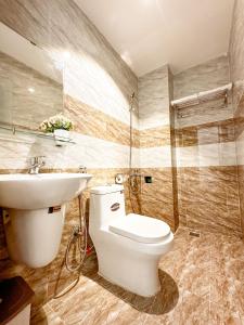 岘港Hồng Châu Hotel的一间带卫生间和水槽的浴室