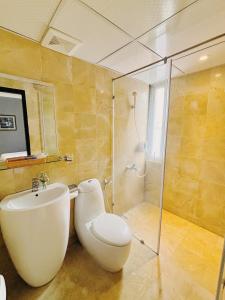 河内Le Grand Hanoi Hotel - The Sun的浴室配有卫生间、盥洗盆和淋浴。