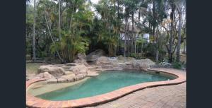 黄金海岸The 2BR Farm Escape idyllic scenery peaceful tour的后院的小型游泳池,设有岩石花园