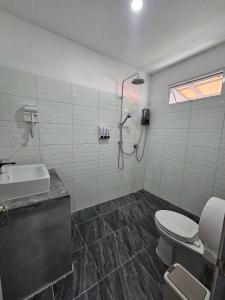 涛岛Tiger House Hostel Koh Tao的带淋浴、卫生间和盥洗盆的浴室