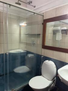 科钦老院子酒店 的一间带卫生间和玻璃淋浴间的浴室