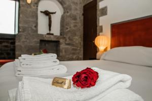 蒙泰卡蒂尼瓦尔迪切奇纳Torre dei Belforti的床上有毛巾,上面有红玫瑰