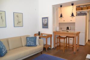 雅典Vouliagmeni seaside flat的带沙发的客厅和厨房