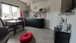 博克斯特尔Boxtel, Appartement (1-4p) nabij station/centrum的厨房以及带桌子和红色枕头的用餐室。
