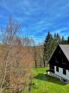 普利特维采村Guest house Ivica i Marica in heart of the national park Plitvička jezera的树木繁茂的黑白房子