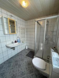 PressathFerienwohnungen Schiffmann的浴室配有卫生间、盥洗盆和淋浴。