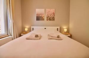 布鲁塞尔Heart of Grand Place - Stunning 2BR Duplex的卧室配有白色的床和两个枕头
