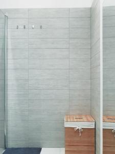 布达佩斯Historic Old Town Home的带淋浴的浴室,浴室设有灰色的墙壁