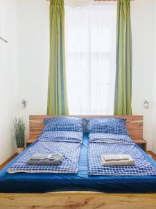 布达佩斯Historic Old Town Home的一张带蓝色和白色枕头的床和窗户