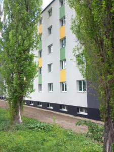 布达佩斯Óbudai Diákszálló的公寓大楼拥有色彩缤纷的窗户和树木