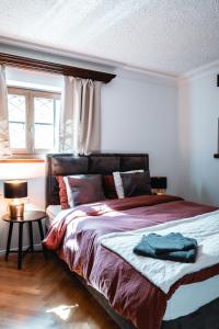 塞默灵施皮塔尔Hotel Sonnenalm Stuhleck的一间卧室设有一张大床和窗户