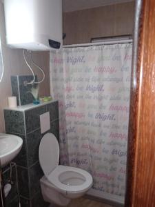 莫斯塔尔Apartments Calimero的浴室设有卫生间,淋浴帘上写有文字
