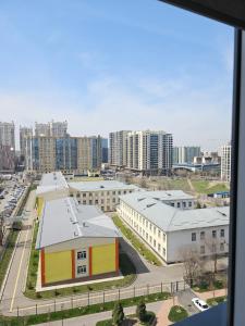 阿拉木图3 room Gagarin Park Residential Complex near MEGA Shopping Mall的享有拥有建筑和街道的城市美景