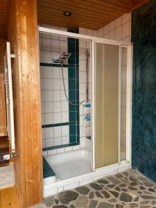 KailFarben Haus的浴室里设有玻璃门淋浴