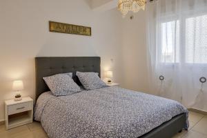 卢恰纳Casa Santa Maria的一间卧室配有一张带蓝色棉被和枕头的床