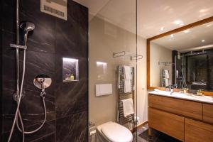 达沃斯Precise Tale Seehof Davos的带淋浴、卫生间和盥洗盆的浴室