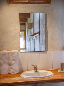 曼克拉Bungalows Las Balsas的浴室内的盥洗盆,配有镜子和毛巾