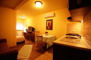 特里班Tribunia Beach Hotel的带厨房的房间和一间带一张床的卧室