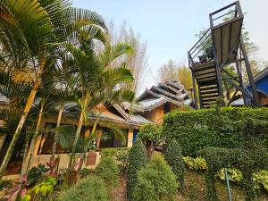清迈Phu Jaya Floresta Resort by ALPHATEL的前面有棕榈树的房子