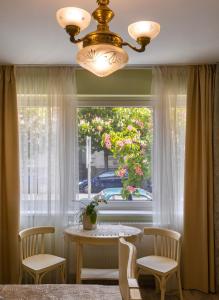塞格德文德哈兹弗美莱酒店的一间带桌子和窗户的用餐室