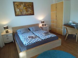博恩海姆Haus im Grünen的一间卧室配有一张床、一张桌子和一张书桌