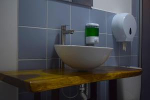 菲兰迪亚FILANDIA HOTEL的浴室盥洗盆和柜台上的肥皂分配器