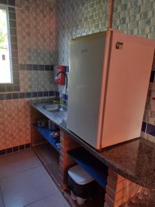 伊塔帕里卡Casa Girassol的厨房配有水槽和带冰箱的台面