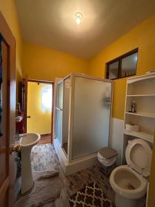 帕纳哈切尔Casa Momo的带淋浴、卫生间和盥洗盆的浴室