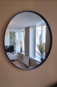 蓬塔穆松New jungle studio cœur de ville的圆形镜子,反映出一个带电视的客厅