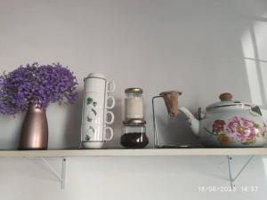 蓬塔波朗Apartamento Loft 03 Ponta Porã MS.的架子上装着茶壶和花瓶