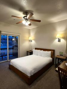 图萨扬峡谷广场尊贵一室公寓和普通公寓酒店的一间卧室配有一张床和吊扇