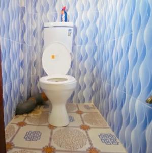 BometZuri House的浴室设有蓝色墙壁上的白色卫生间