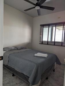 特古西加尔巴Apartamento en Miraflores的一间卧室配有一张带吊扇的床