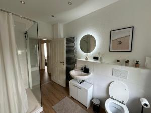 吕贝克Haus Newgate的一间带卫生间、水槽和镜子的浴室