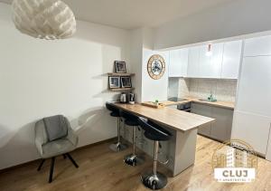 克卢日-纳波卡Cluj Viva Aparthotel的厨房配有柜台、桌子和椅子
